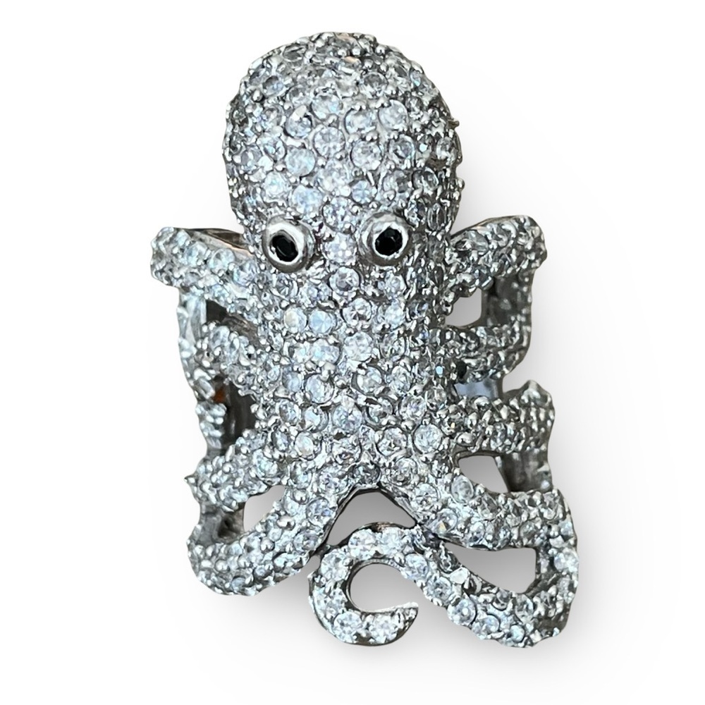 Large Sparkling Pave Silver Tone Statement Octopus Ring Size 7